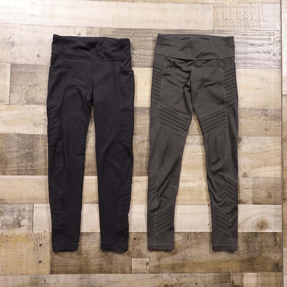 Athleta Girl Moto Vating Tight Leggings Girls Medium 8–10 Black & Charcoal